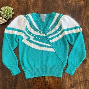 Lauren Cole | 80s Teal & White Angora Embellished Sweater